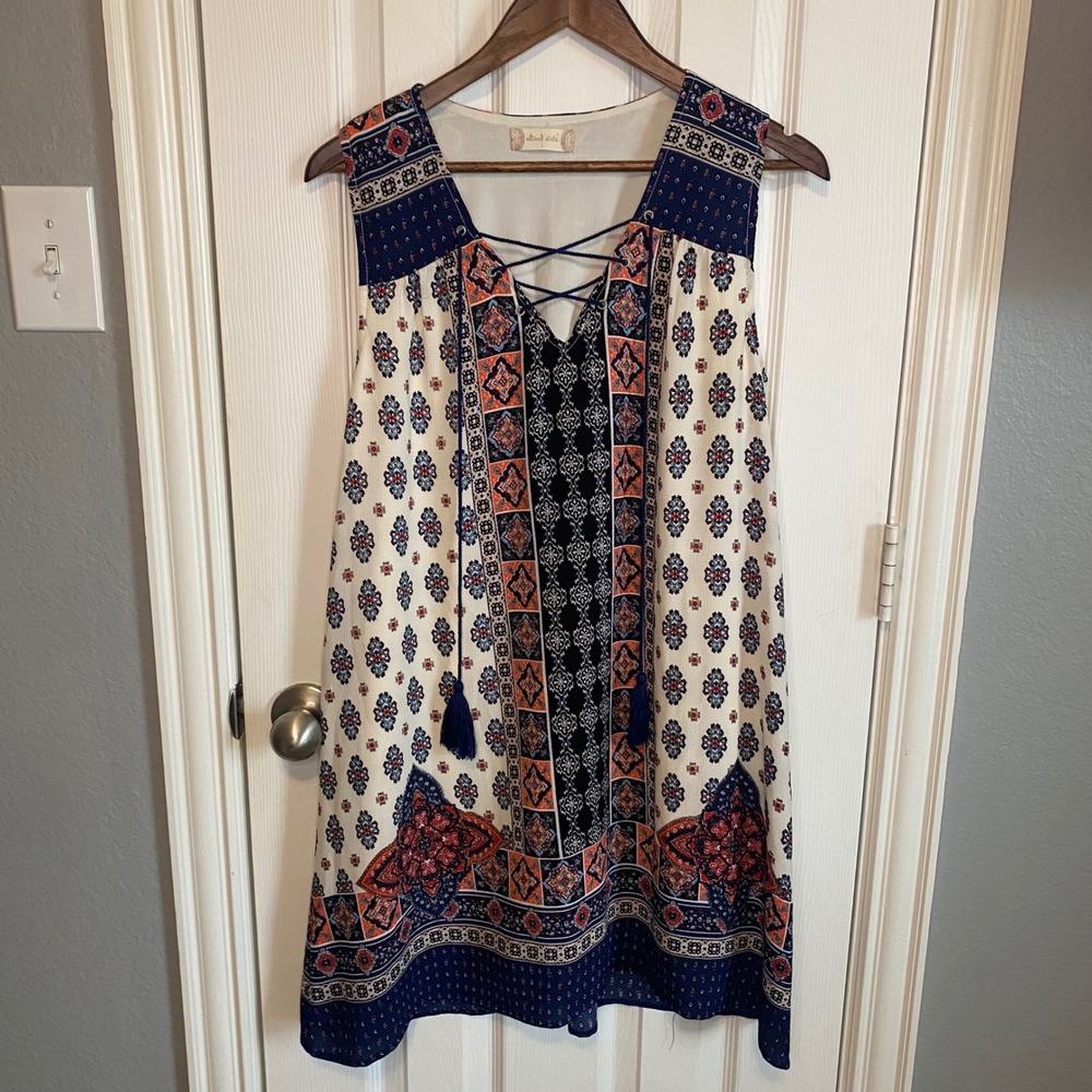 Altar'd State Shift Mini Dress Womens Large Blue Orange Medallion Lace Up Boho